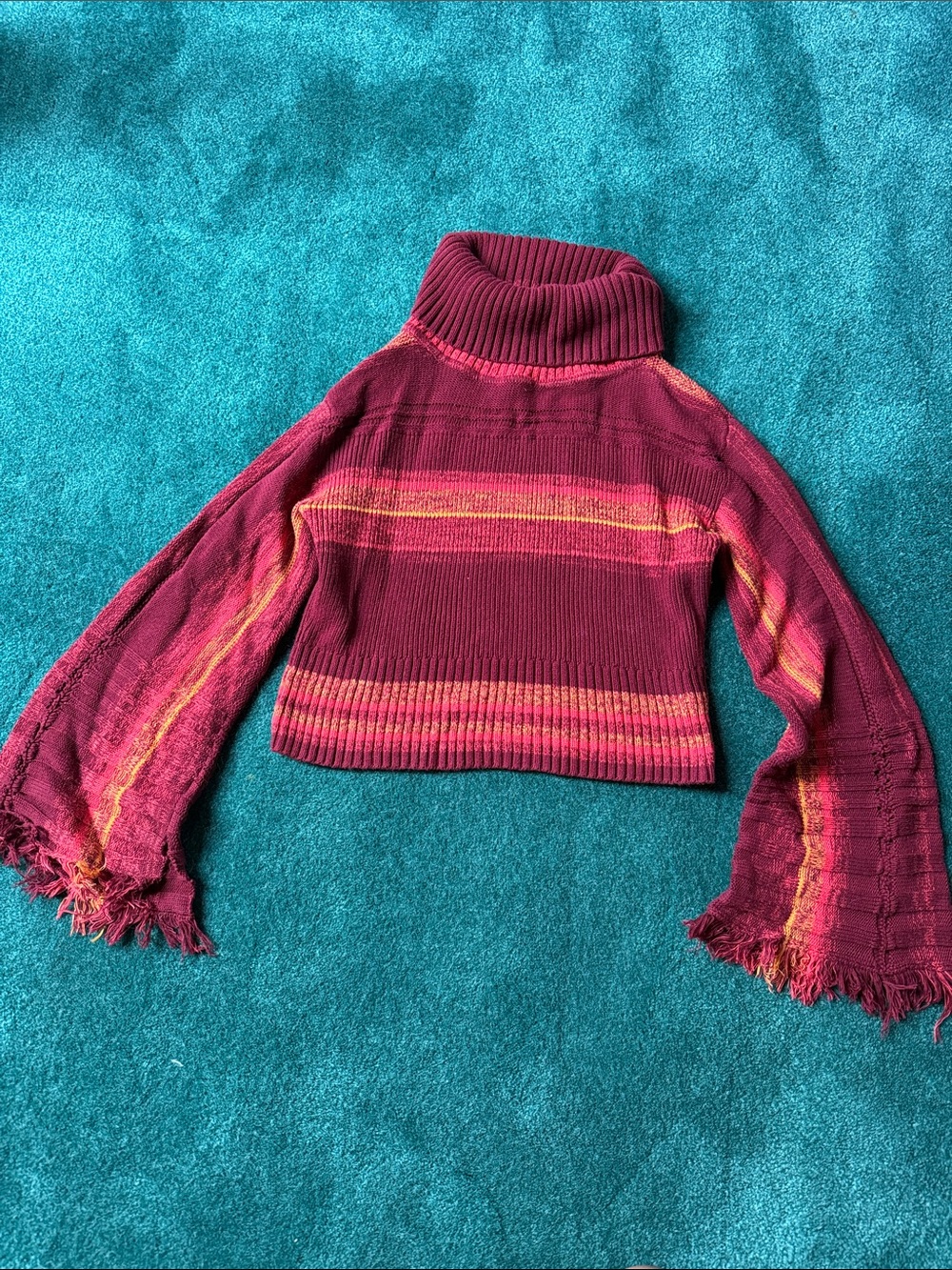 Free People Burgundy Cropped Turtleneck Sweater with Pink and Orange Stripes